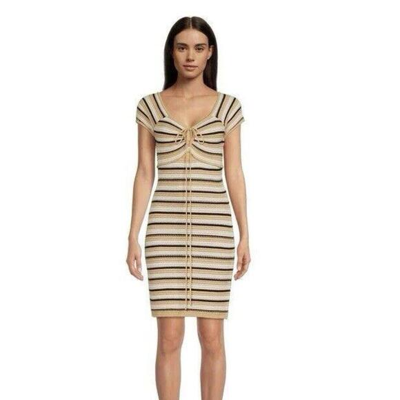 Madden‎ NYC Crochet Sweater Dress With Short Sleeves Neutral Bohemian Medium - Picture 1 of 5